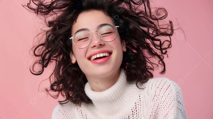 Foto Mulher Jovem Sorrindo Cabelo Cacheado Voando Fundo Rosa