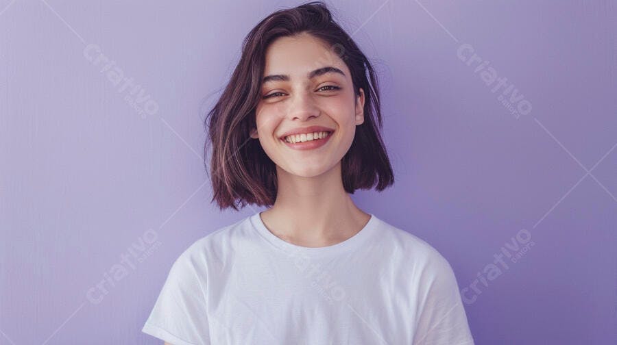 Foto Mulher Jovem Sorrindo Cabelo Curto Fundo Roxo Estúdio