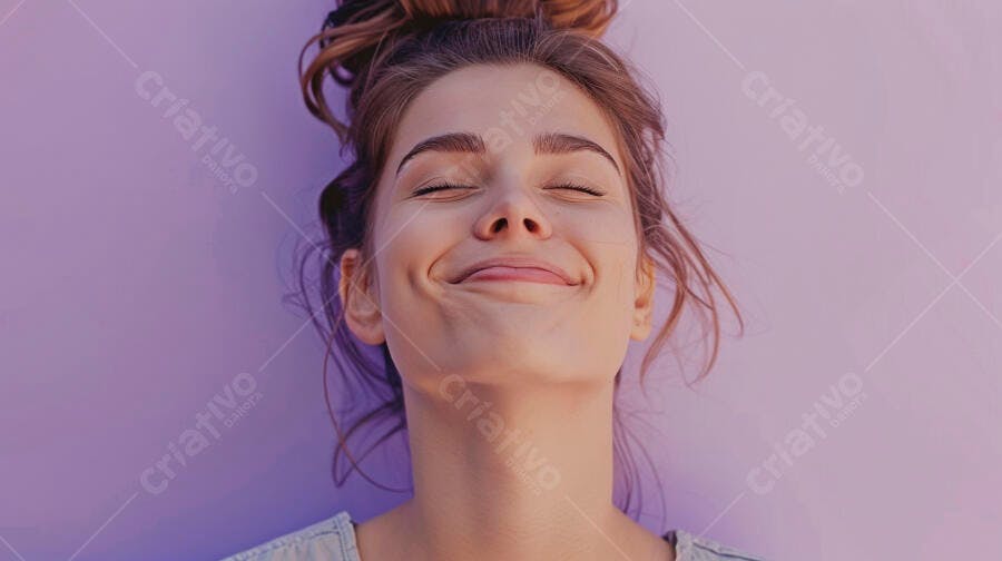 Foto Mulher Jovem Sorrindo Olhos Fechados Fundo Roxo Claro