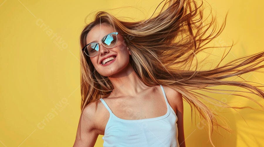 Foto Mulher Jovem Sorrindo Cabelos ao Vento Óculos de Sol Fundo Amarelo