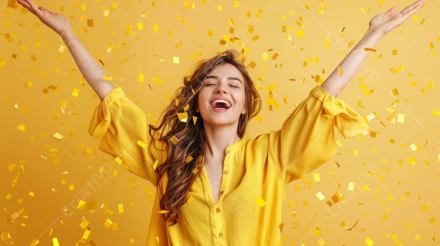 Foto Mulher Jovem Celebrando Confetes Dourados Fundo Amarelo
