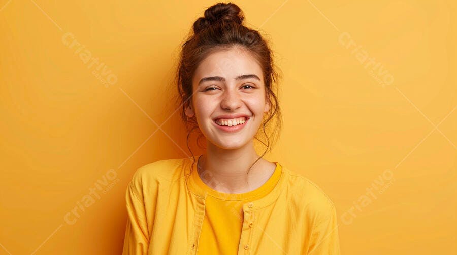 Foto Retrato Jovem Mulher Sorrindo Fundo Amarelo Estúdio