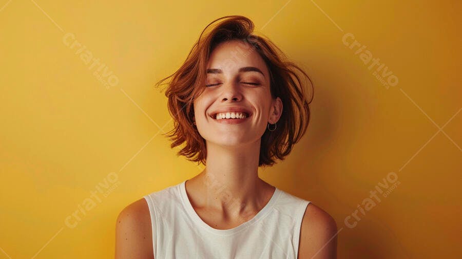 Foto Mulher Jovem Sorrindo Olhos Fechados Fundo Amarelo