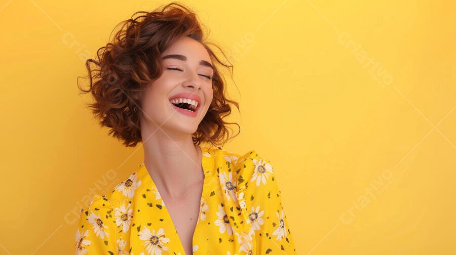 Foto Mulher Jovem Cabelo Cacheado Sorrindo Fundo Amarelo Estúdio