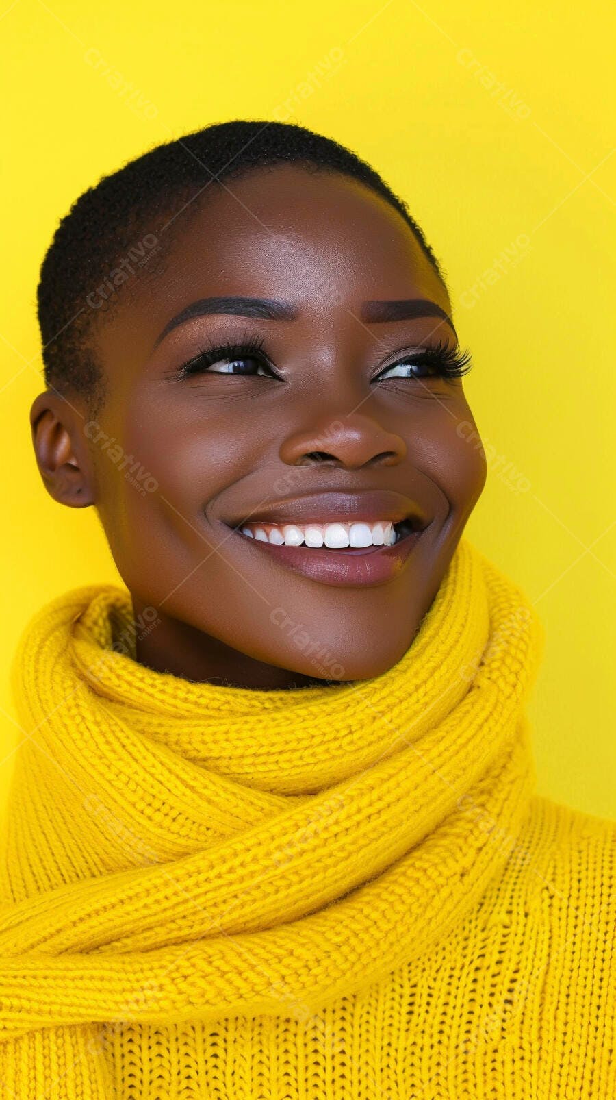 Foto Mulher Negra Sorrindo Cachecol Amarelo Fundo Vibrante