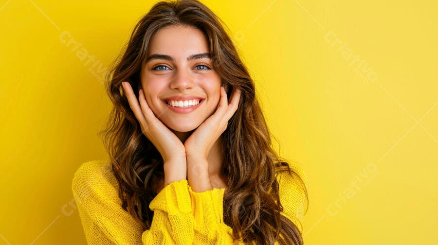 Foto Retrato Mulher Jovem Sorrindo Cabelo Longo Fundo Amarelo