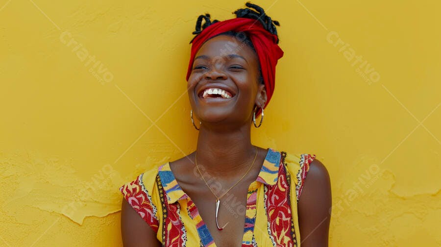 Foto Mulher Negra Sorrindo Feliz Fundo Amarelo Vibrante