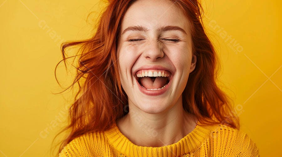 Foto Mulher Ruiva Jovem Rindo Felicidade Fundo Amarelo