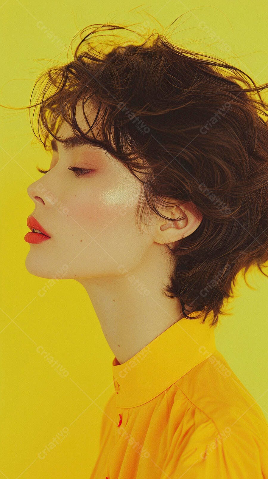 Mulher jovem de perfil com cabelos curtos e maquiagem vibrante em fundo amarelo