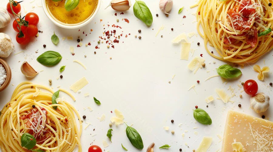 Foto Flat Lay Ingredientes Culinária Italiana Massa Tomate Manjericão