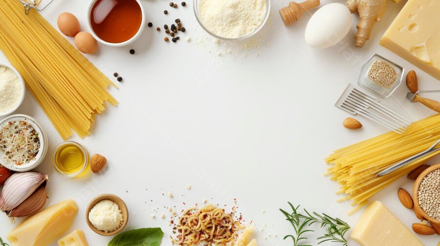 Foto Flat Lay Ingredientes Culinários Italianos Massa Queijo
