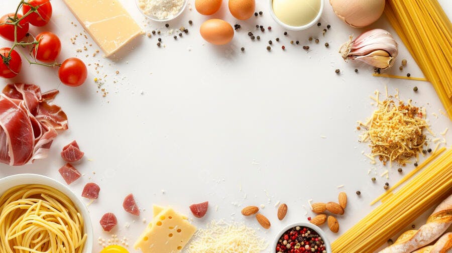 Foto Ingredientes Culinária Italiana Massa Queijo Tomate Flat Lay