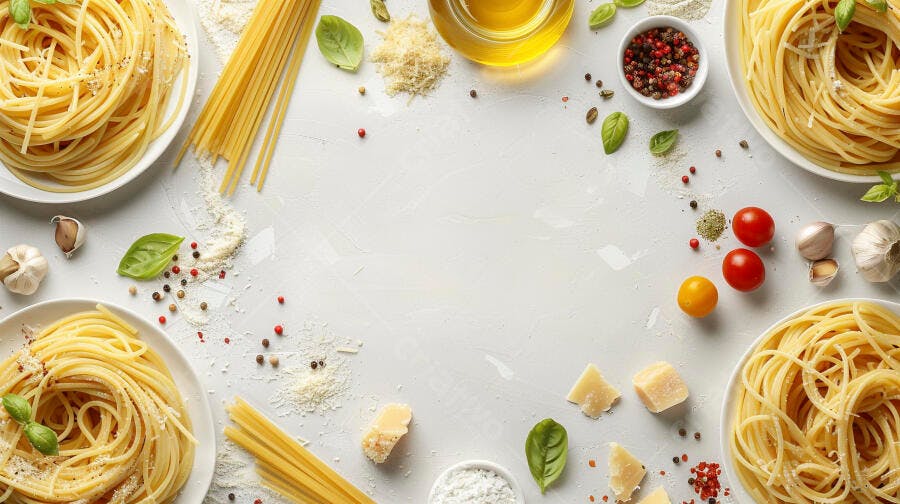 Pratos de espaguete e ingredientes italianos coloridos frescos para cozinhar
