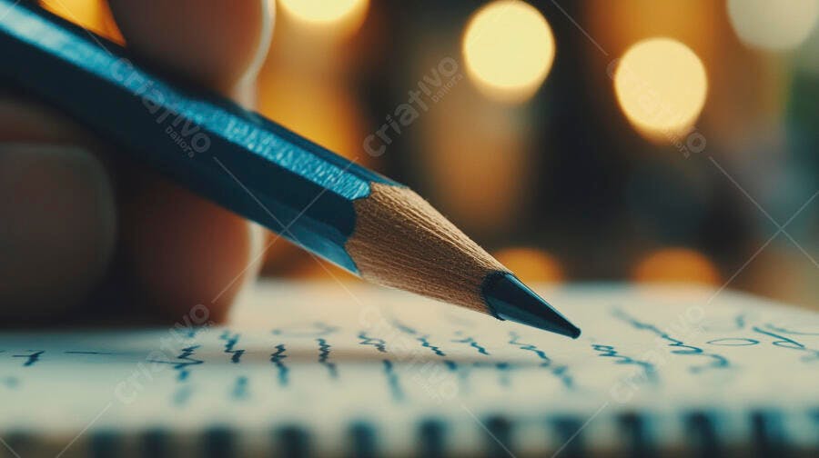 Foto Mão Escrevendo Lápis Caderno Fundo Desfocado Luzes