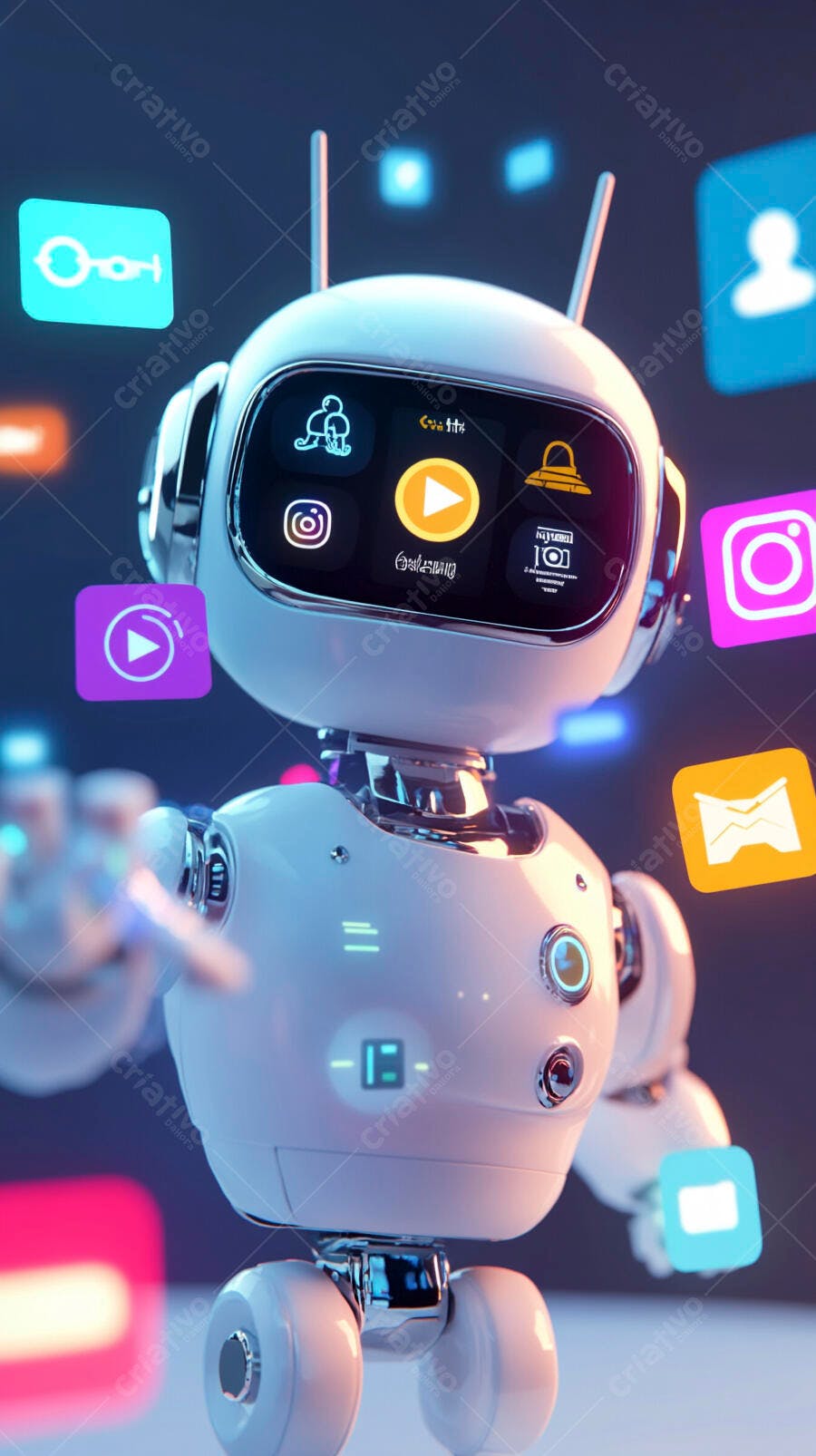 Foto Robô IA com Ícones de Redes Sociais Tecnologia Digital