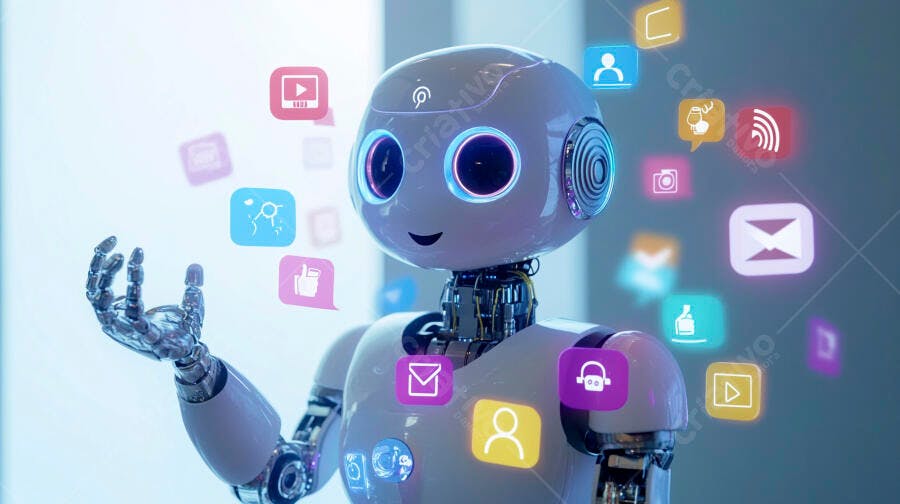 Foto Robô Inteligência Artificial Interagindo com Ícones Digitais