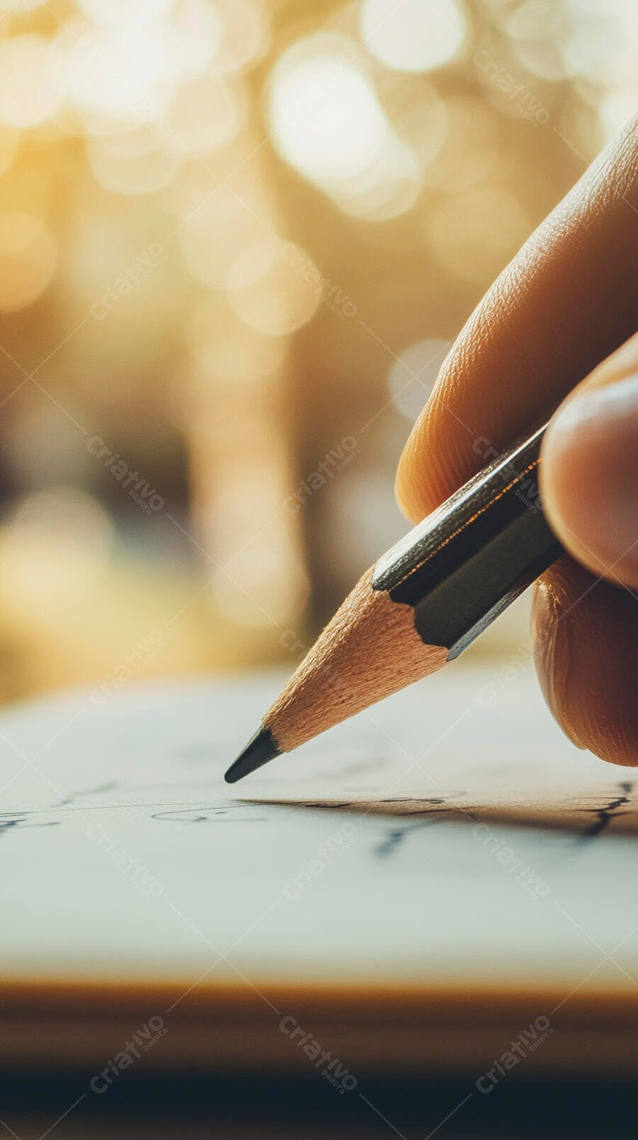 Foto Mão Escrevendo Lápis Caderno Iluminação Dourada
