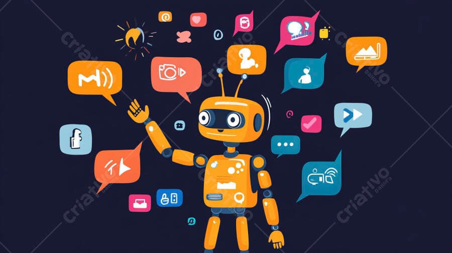 Ilustração Robô Inteligência Artificial Redes Sociais Marketing Digital