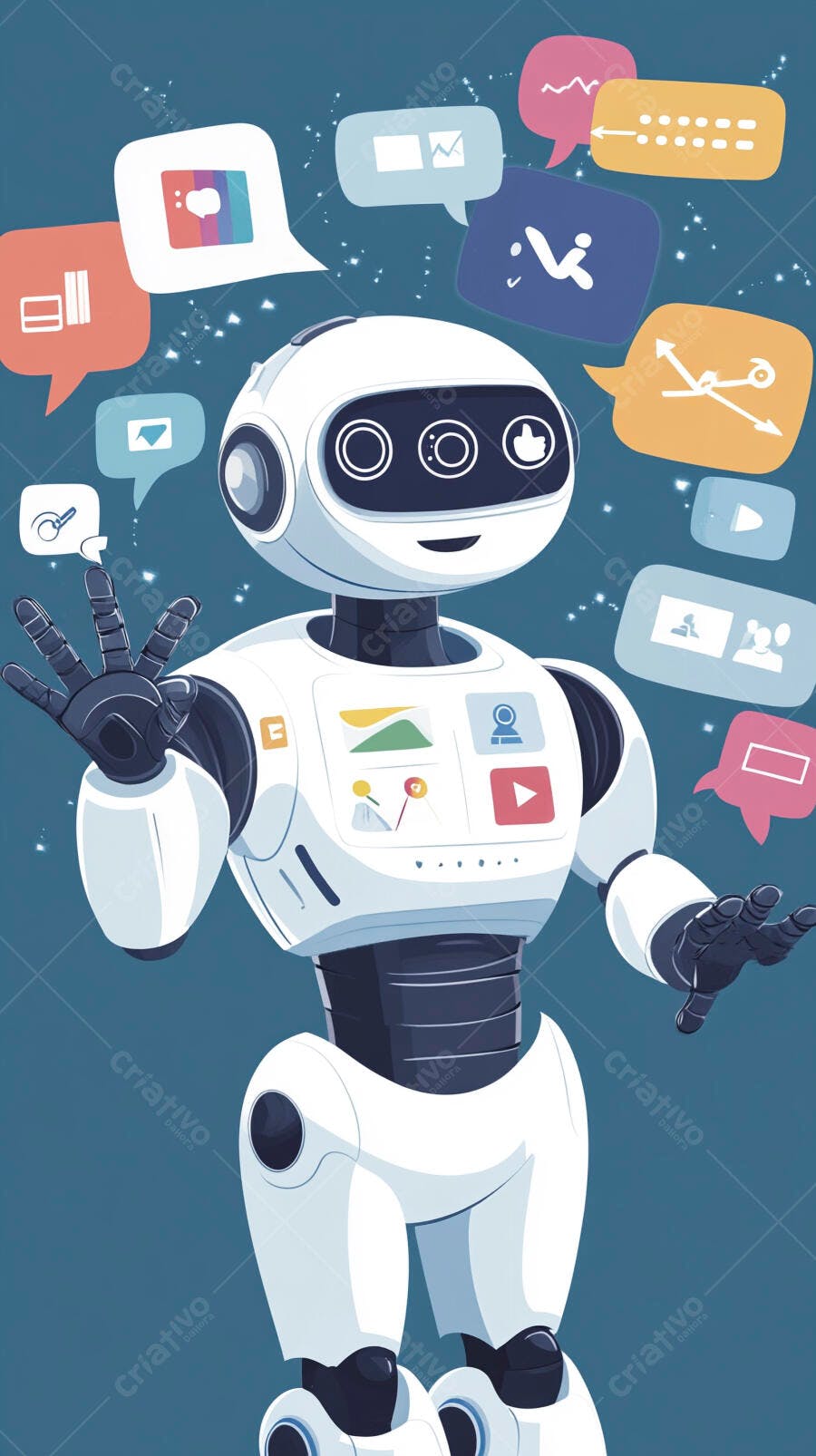 Ilustração Robô Inteligência Artificial com Balões de Fala