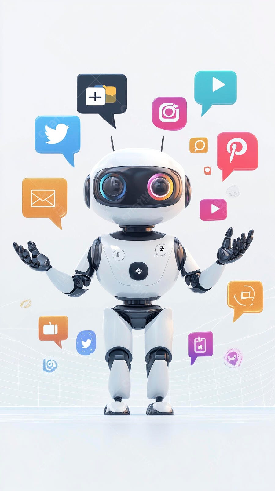 Robô IA com Ícones de Redes Sociais Marketing Digital