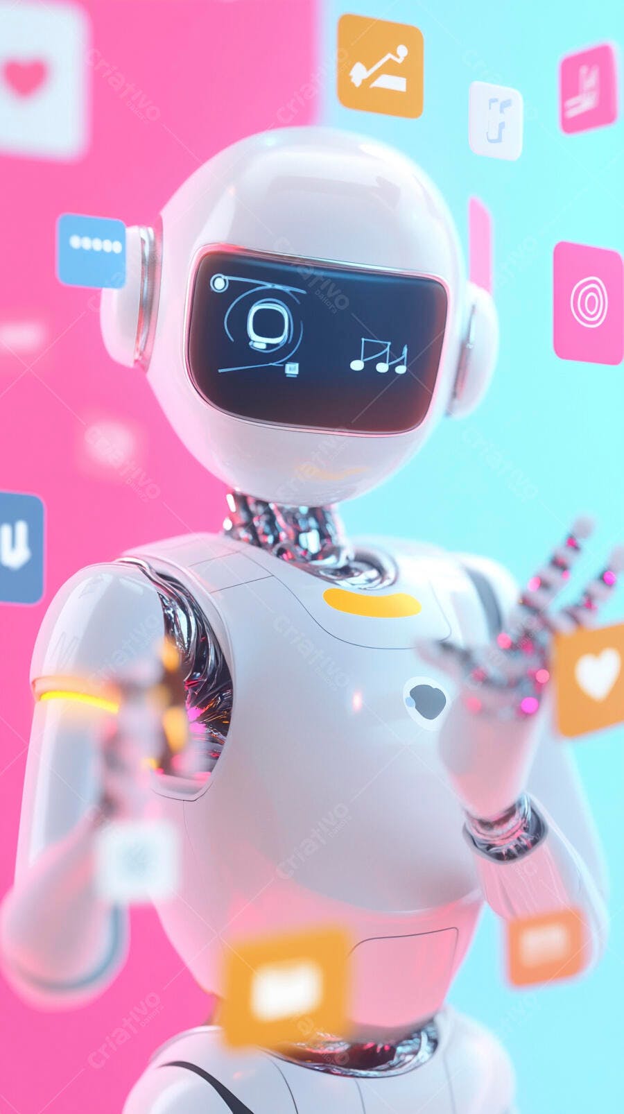 Robô Inteligência Artificial Interagindo com Ícones de Redes Sociais