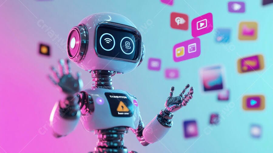 Robô Inteligência Artificial Interagindo com Ícones Digitais 3D