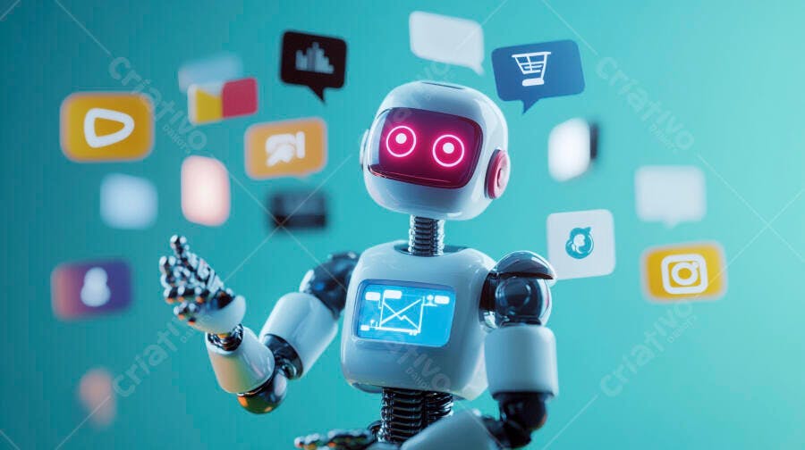 Foto Robô Inteligência Artificial Interagindo com Ícones de Redes Sociais