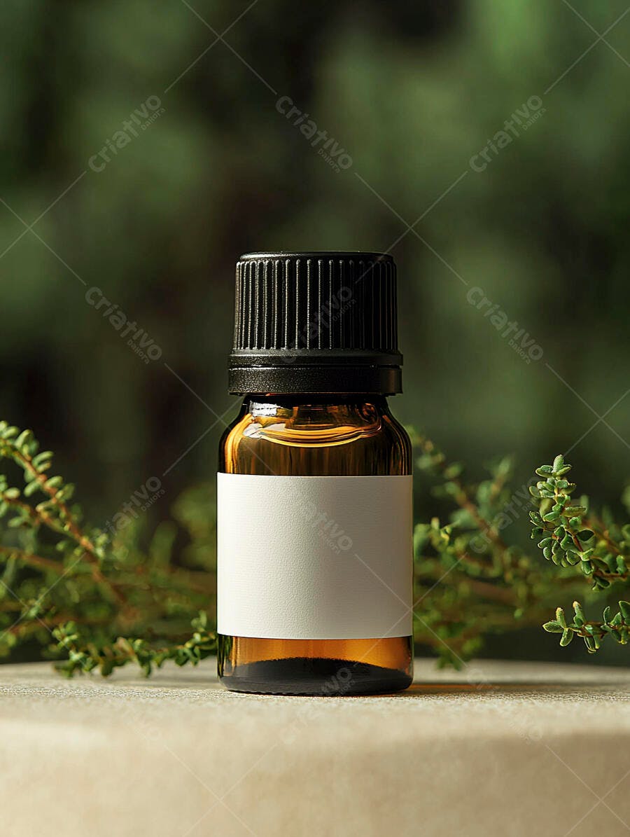 Foto Frasco Âmbar Rótulo Branco Ervas Fundo Verde