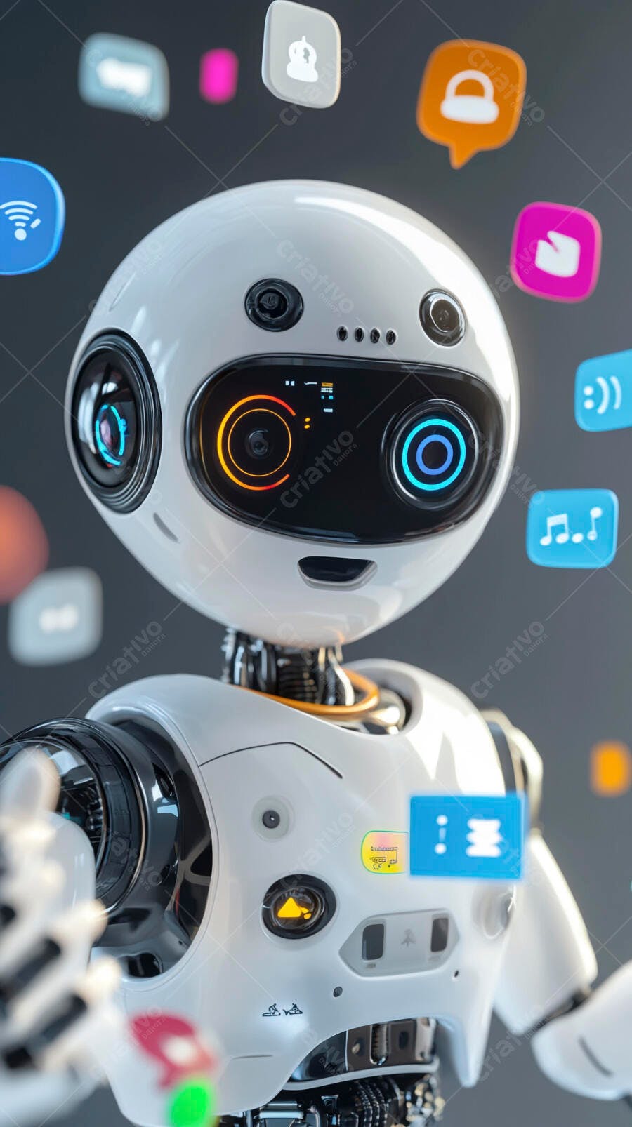 Foto Robô Inteligência Artificial com Ícones Digitais Flutuantes