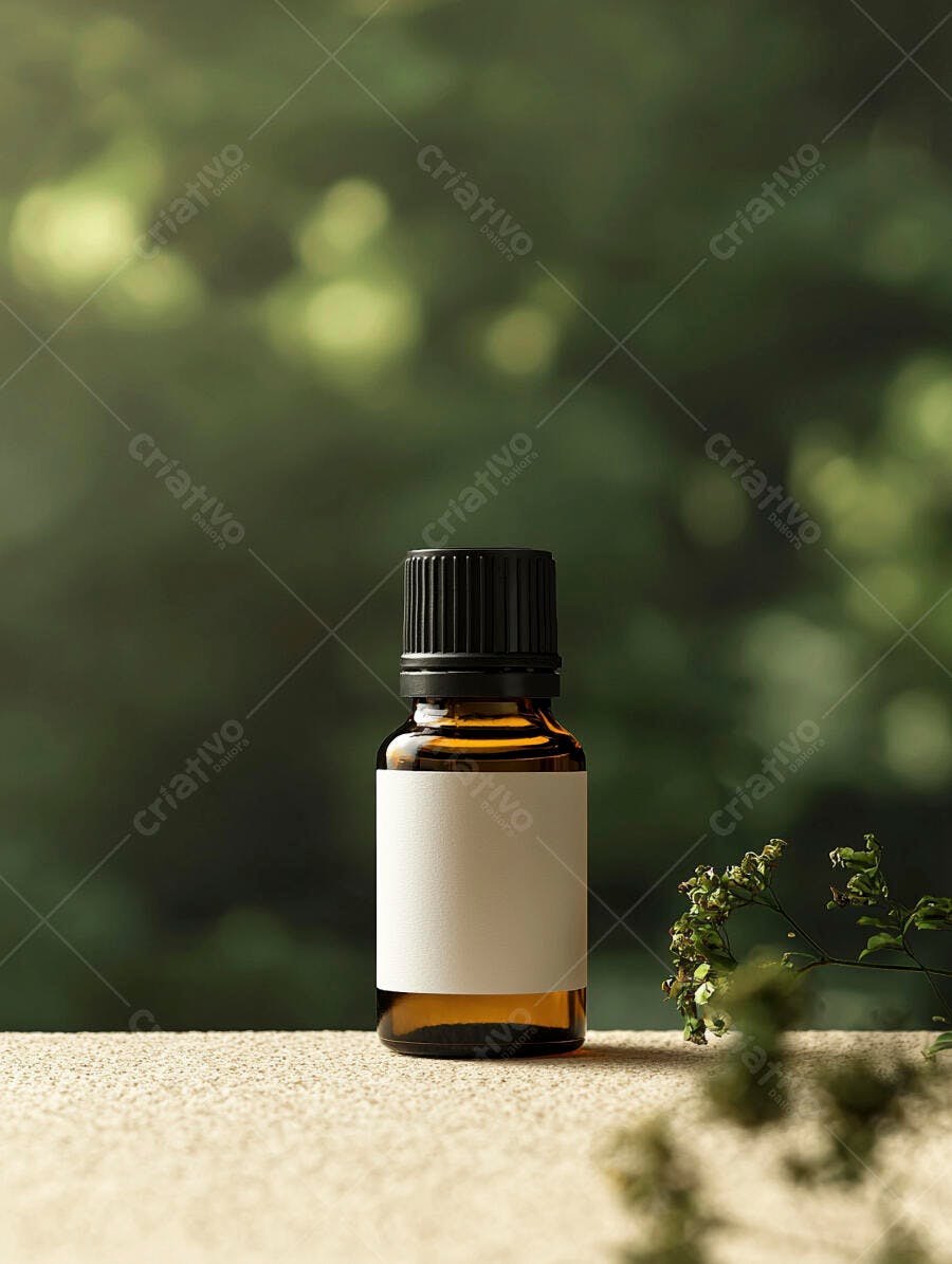 Foto Frasco de Óleo Essencial Rótulo Branco Fundo Verde Natural
