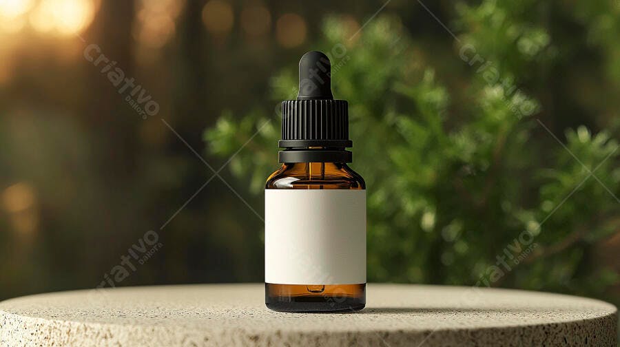 Frasco conta-gotas âmbar com rótulo branco em pedestal natural fundo verde