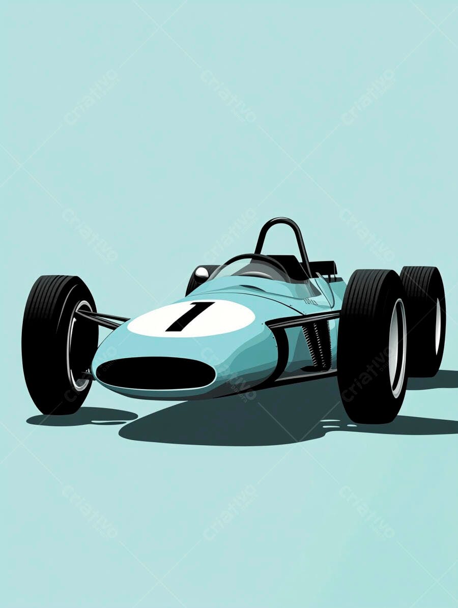 Ilustração Carro de Corrida Vintage Azul Número 7