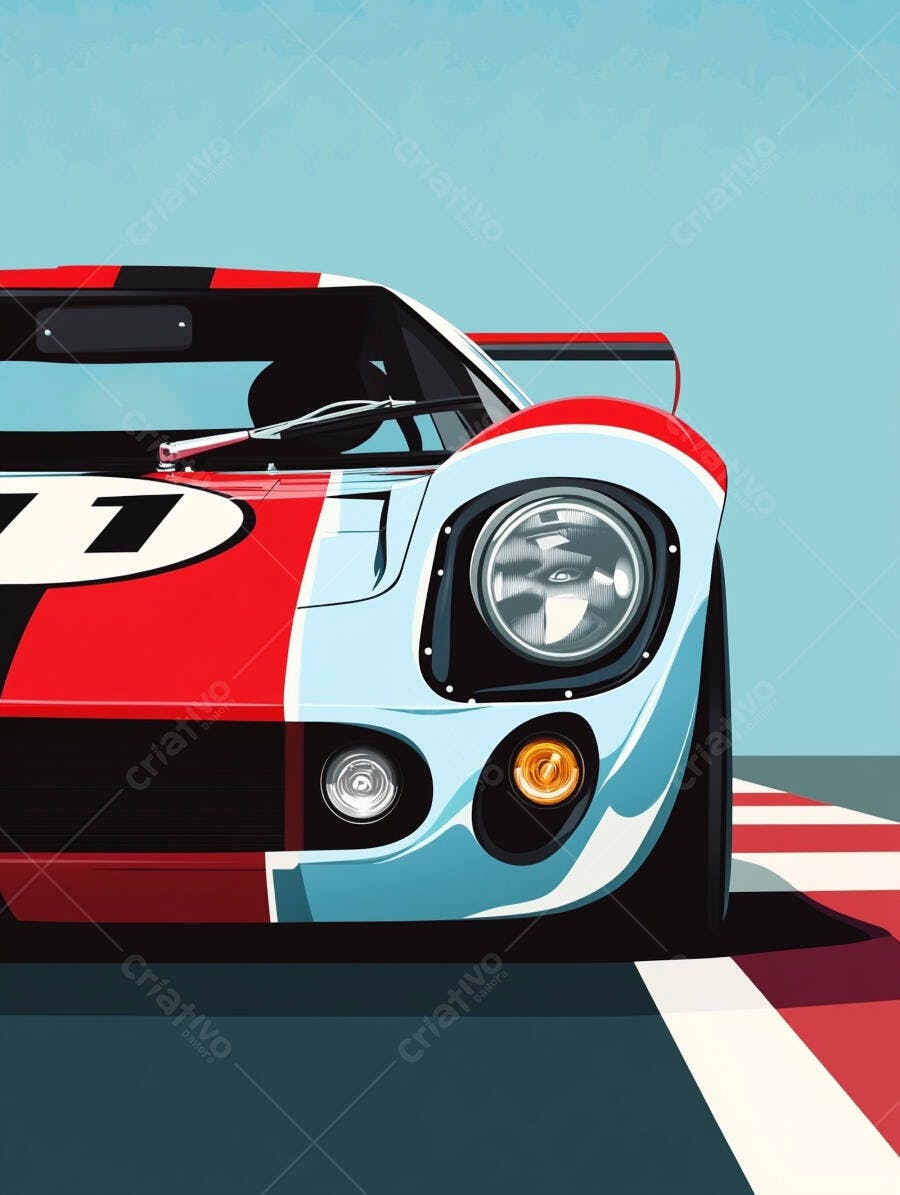Ilustração Carro de Corrida Clássico Pista Azul Vermelho