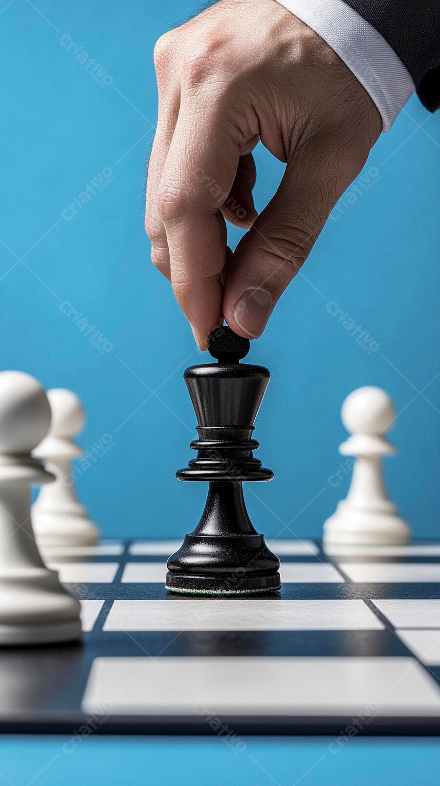 Foto Mão Jogando Xadrez Peça Rei Preto Tabuleiro Azul