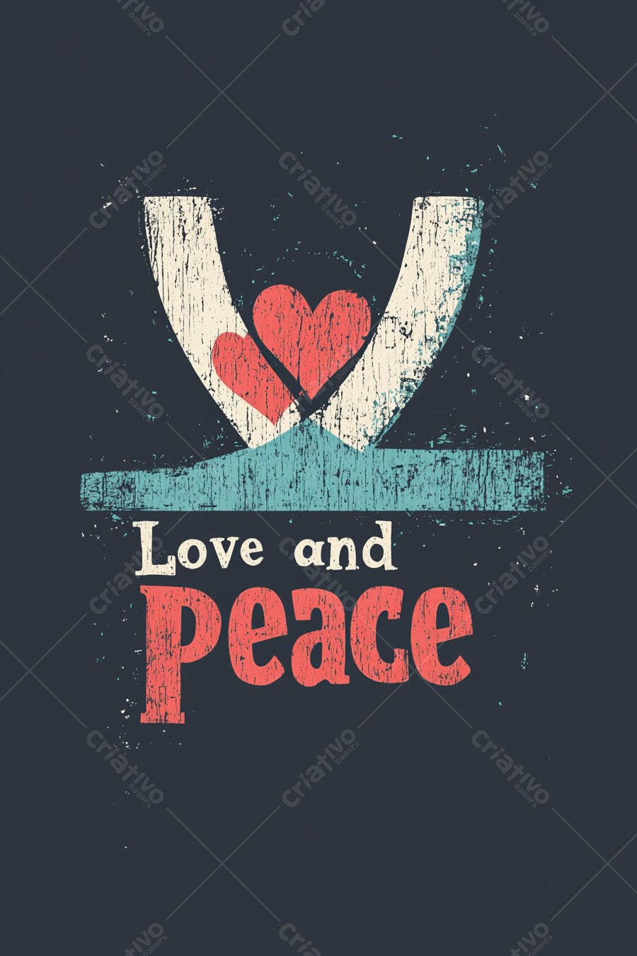 Ilustração Love and Peace Corações Estilo Grunge Vintage