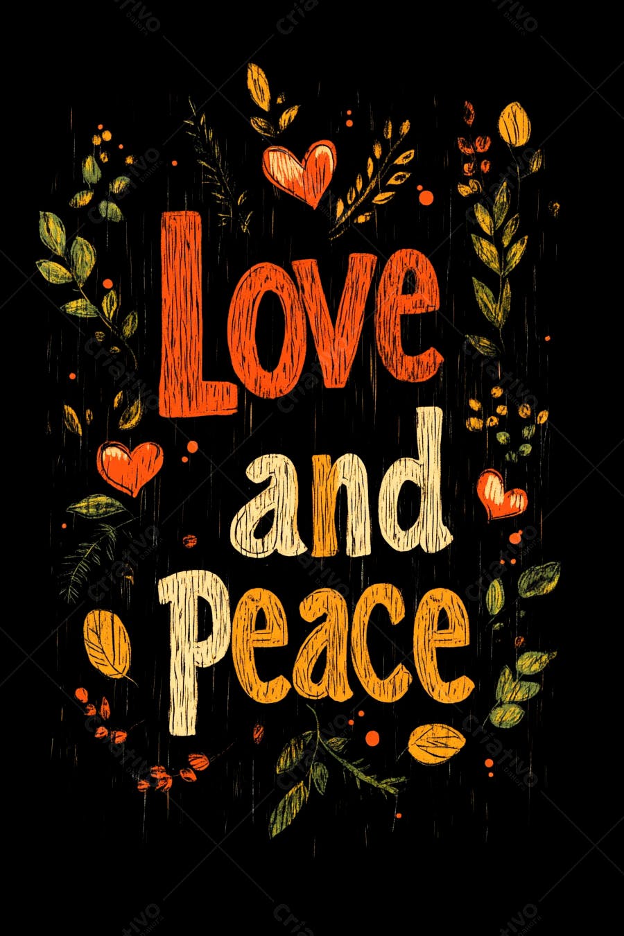 Love and Peace Ilustração Vintage Floral Fundo Preto