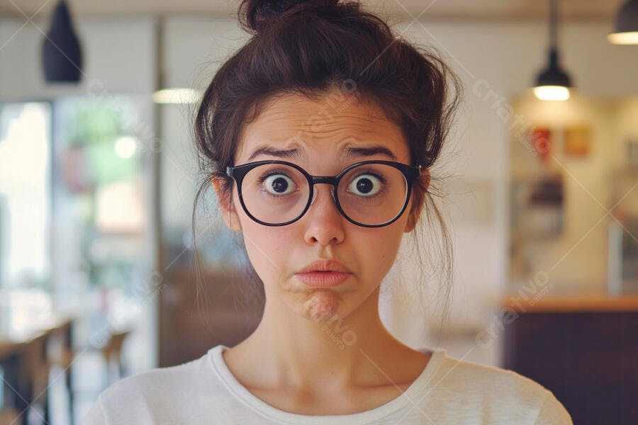 Foto Mulher Jovem Expressão Confusa Olhos Abertos Óculos