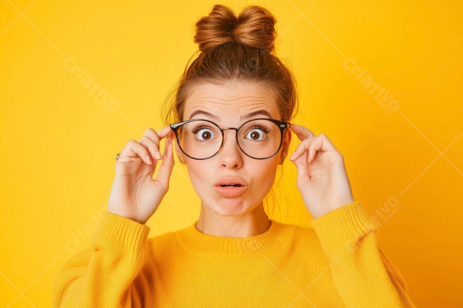 Foto Mulher Jovem Surpresa Ajustando Óculos Fundo Amarelo