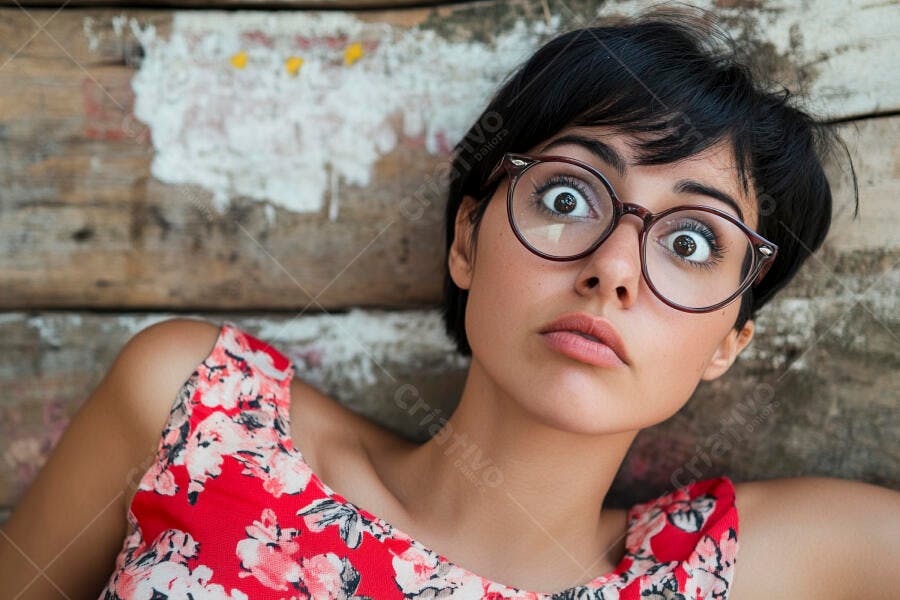 Foto Mulher Jovem Óculos Expressão Surpresa Fundo Madeira