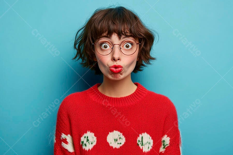 Foto Mulher Jovem Óculos Fazendo Bico Fundo Azul Estúdio