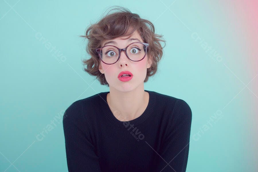 Foto Mulher Jovem Surpresa Óculos Fundo Azul e Rosa Pastel