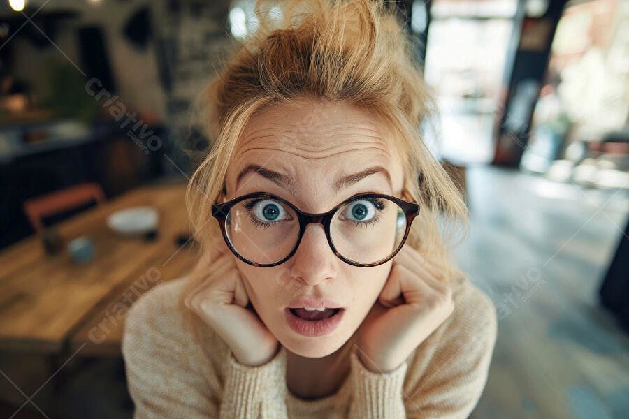 Foto Mulher Loira Chocada Usando Óculos em Café