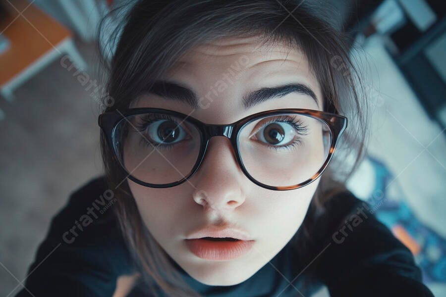 Foto Jovem Mulher Olhos Abertos Expressão Surpresa Curiosidade