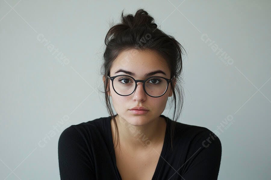 Foto Retrato Mulher Jovem Óculos Olhar Sério Fundo Neutro