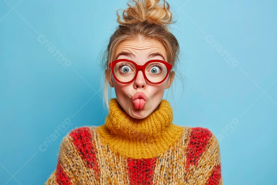 Foto Mulher Jovem Engraçada Óculos Vermelhos Fazendo Careta
