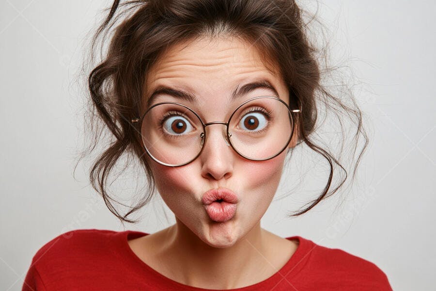 Foto Retrato Jovem Mulher Óculos Fazendo Bico Expressão Surpresa