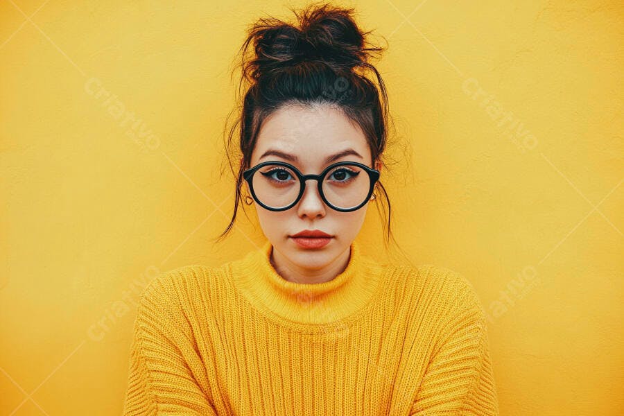 Foto Retrato Mulher Jovem Óculos Redondos Fundo Amarelo