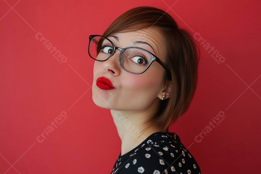 Foto Mulher Jovem Óculos Batom Vermelho Fundo Vermelho Sólido