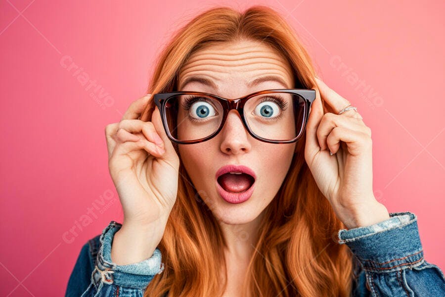 Foto Mulher Ruiva Chocada Óculos Fundo Rosa Estúdio