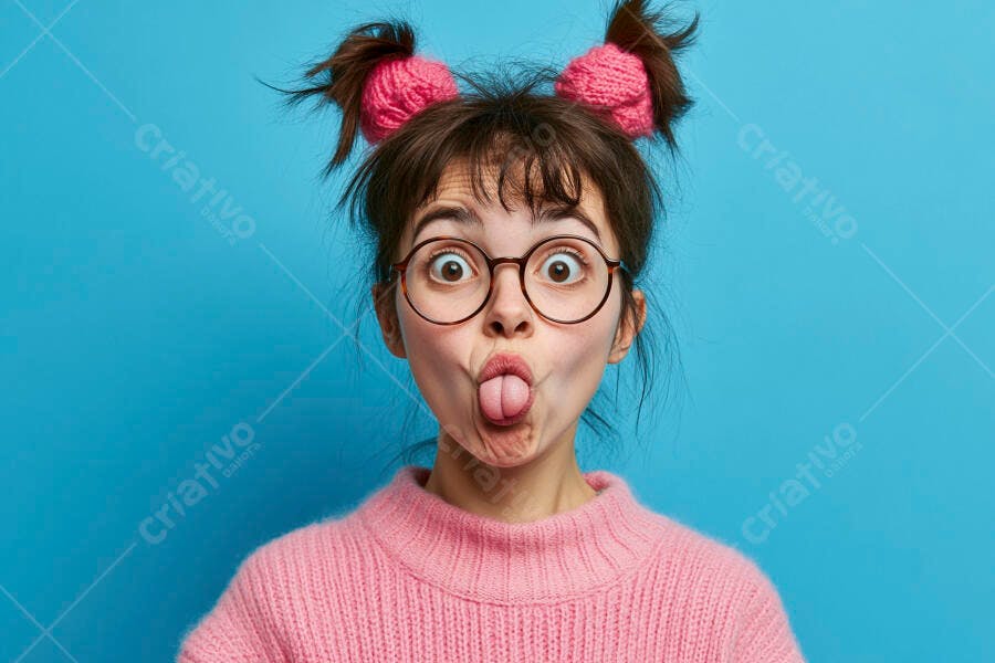 Foto Menina Branca Óculos Fazendo Careta Fundo Azul Estúdio